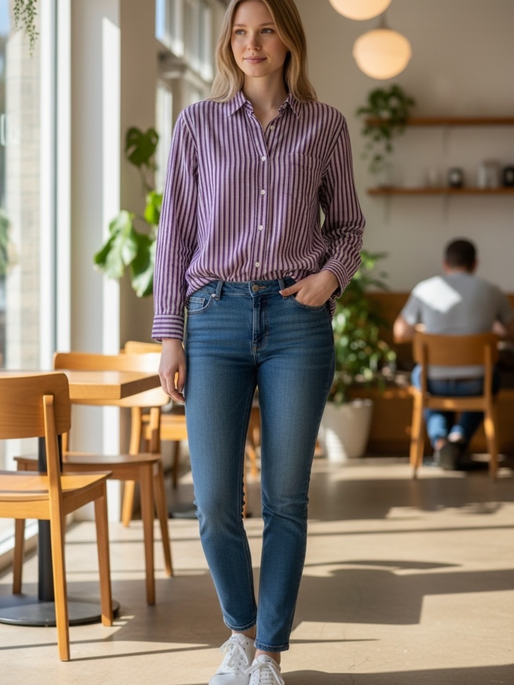(33)Cruel Girl Purple Striped Button-Up Blouse